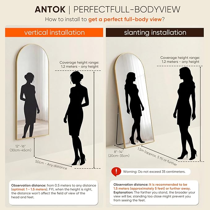Antok Full Length Mirror, 58"x21" Floor Mirror, Arched Floor Standing Freestanding Arch Full Body Mirrors with Stand for Bedroom, Hanging Mounted for Living Room Cloakroom,Gold