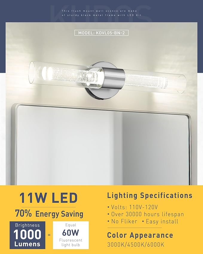kudos Brushed Nickel Bathroom Sconces Wall Lighting, LED Bathroom Vanity Light Fixtures with Crystal Bubble and Clear Glass, 3000K/4500K/6000K Adjustable, KDVL05-BN-2
