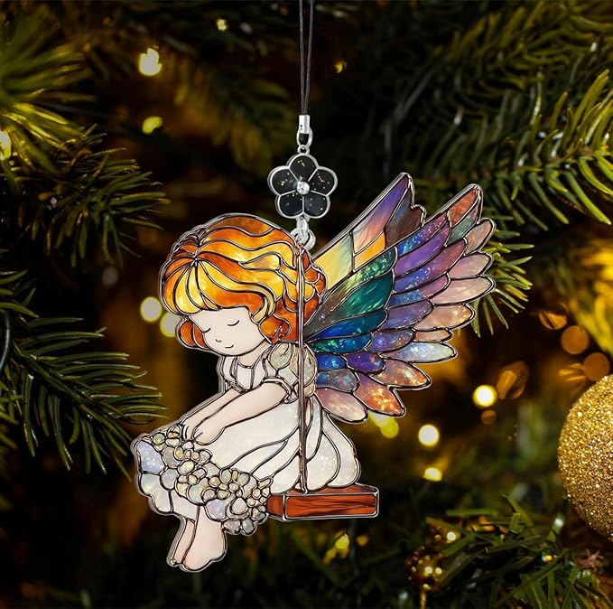 Angel Girl Stained Glass Style Ornament, Acrylic Window Hanging Suncatcher Decoration, Colorful Fairy Angel on Swing Decor for Christmas Tree, Garden or Home, Gift for Women Mom Birthday Holiday