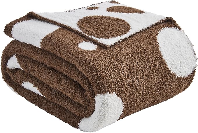 CozeCube Super Soft Fullfy Microfiber Reversible Knitted Blankets, Warm Cozy Fuzzy Plush Throw, Dark Brown and White Polka Dot Throw Blanket for Couch Bed Sofa, 60" x 80"