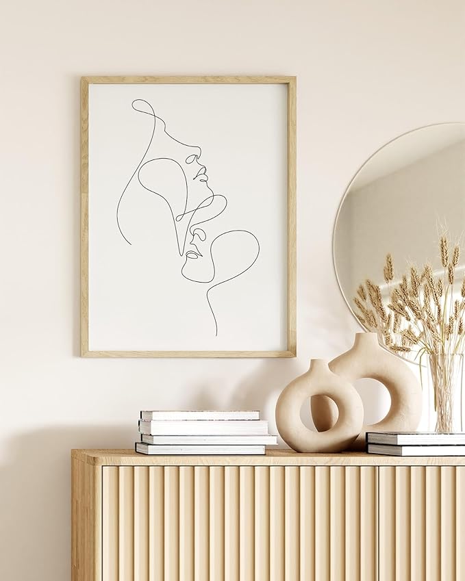 Minimalist Face to Face Wall Art Two Portraits Continuous Line Drawing 12x16 Inch Oak Wood Beige Framed Modern Aesthetic Profile Print for Bedroom Decor