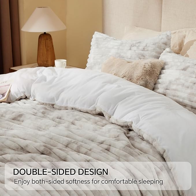 BEDELITE Fleece Full Comforter Set -Super Soft & Warm Fluffy Grey&White Bedding, Luxury Fuzzy Heavy Bed Set for Winter with 2 Pillow Cases
