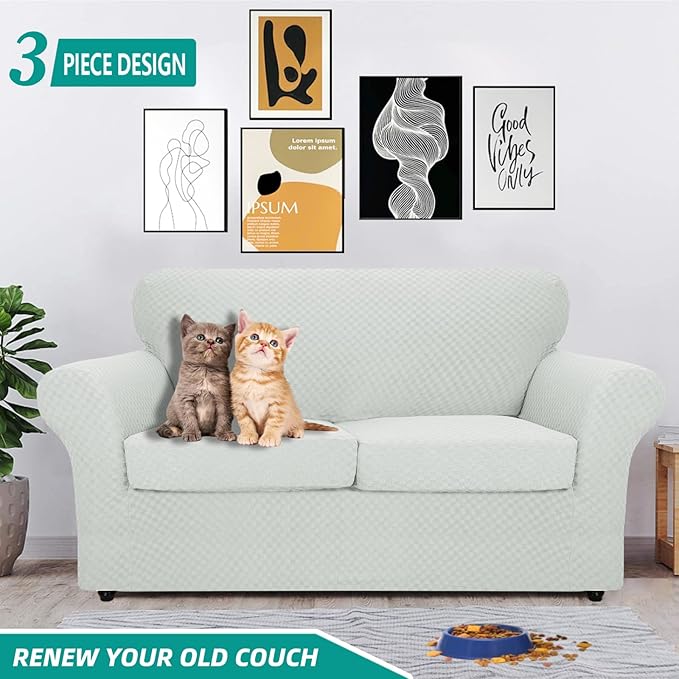 YEMYHOM Latest Checkered 3 Pieces Couch Covers for 2 Cushion Couch High Stretch Thickened Love Seat Sofa Cover for Dogs Pets Anti Slip Elastic Loveseat Slipcover Protector (Ivory), 55"-69"(2 CUSHIONS)