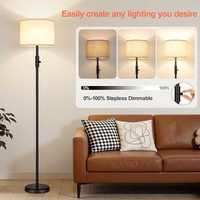 【Upgraded】 Dimmable Floor Lamp for Living Room,1000 Lumens Bulb Included, Modern Floor Lamps Simple Design with Linen Shade, Tall Standing Lamp for Bedroom Office Dining Room, Black Pole Lamp