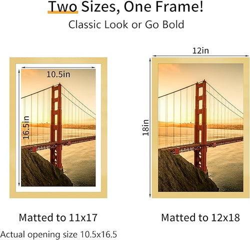 12x18 Picture Frame 3 Pack - Gold Poster Frame Display Pictures 11x17 with Mat or 12 x 18 Without Mat for Wall Hanging Horizontal and Vertical