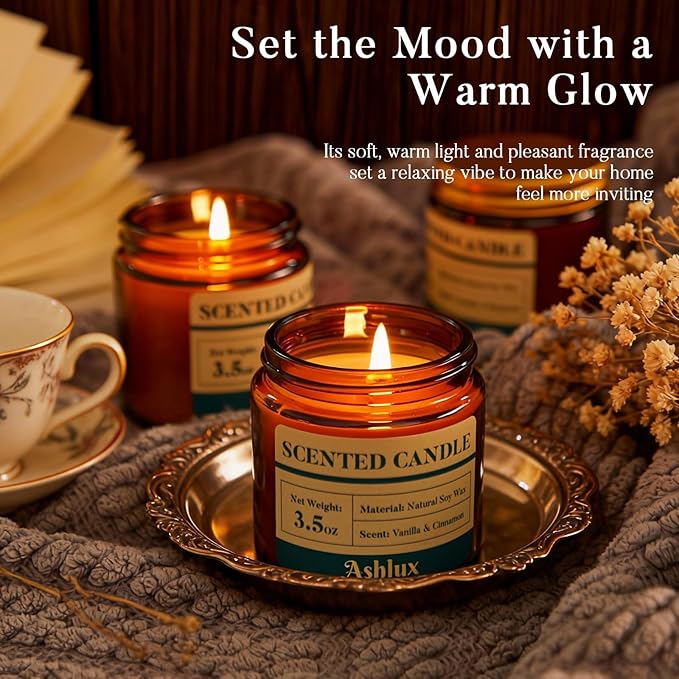 4 Pack Scented Candles as Candle Gift Set, Candle Set for Women, Long Lasting Soy Wax Amber Jar Aromatherapy Candles for Stress Relief, Home Decoration, Birthday, Valentine's Day