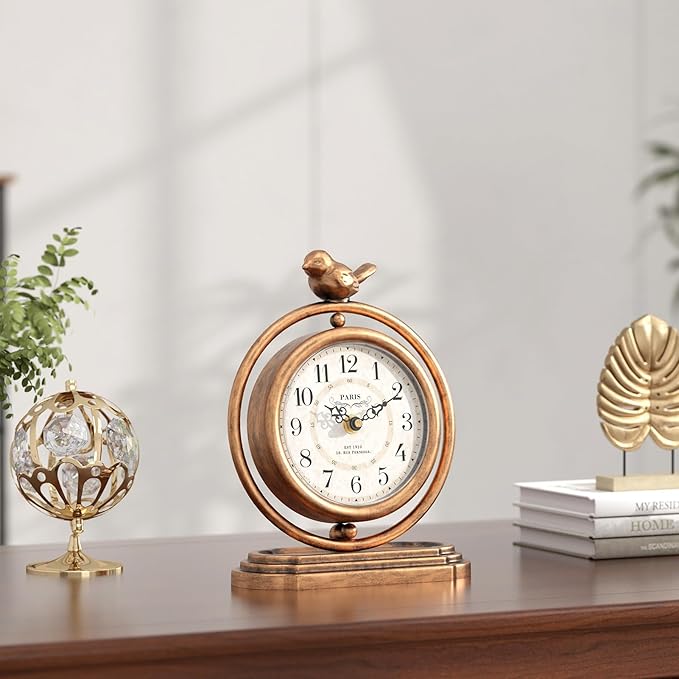 Gold Vintage Table Clock with Bird, European Retro Style Mantel Clocks, Desk and Shelf Decor Clock, for Living Room, Farmhouse, Bedside, Bedroom, Gift (7.9" H x 6.3" W)