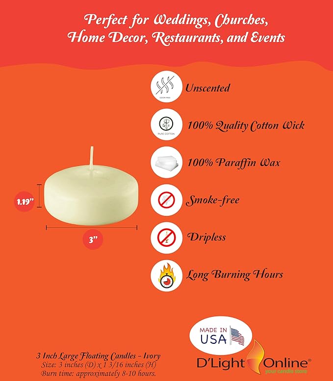 D'light Online Floating Candles Bulk Pack for Events, Weddings, Spa, Home Decor, Special Occasions and Holiday Decorations (Large - 3" (Set of 108), Ivory)