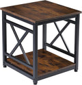 Industrial End Table with 2-Tier Storage Shelf, 18'' Square Side Table with X-Design Metal Frame, Rustic Brown Nightstand Bedside for Living Room Bedroom