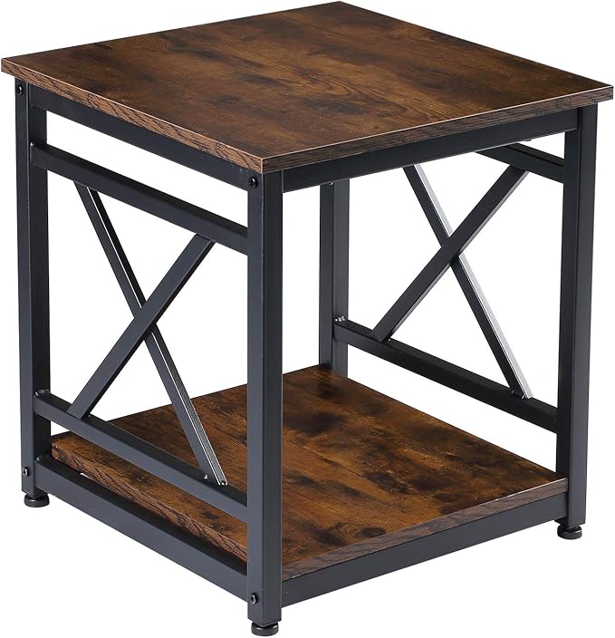 Industrial End Table with 2-Tier Storage Shelf, 18'' Square Side Table with X-Design Metal Frame, Rustic Brown Nightstand Bedside for Living Room Bedroom