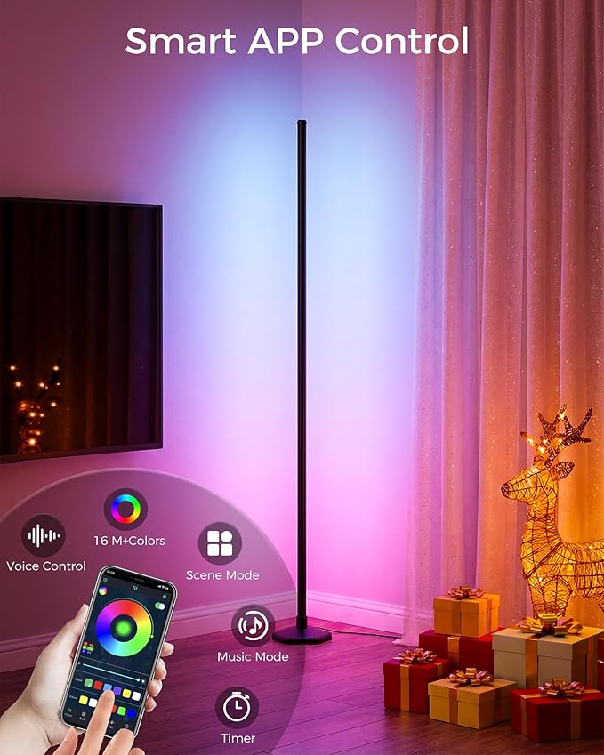 Corner LED RGB Floor Lamp, Smart Dimmable Corner Light with Music Sync, Color Changing Ambient Lighting with App and Remote Control, for Bedroom, Living Room Gaming Room