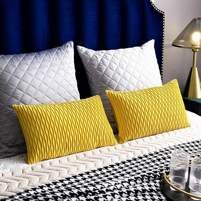 Mustard Yellow Couch Pillow Covers: 2 Pack 12x20 Inch Original Striped Velvet Rectangular Throw Pillow Cases for Farmhouse Home Decor