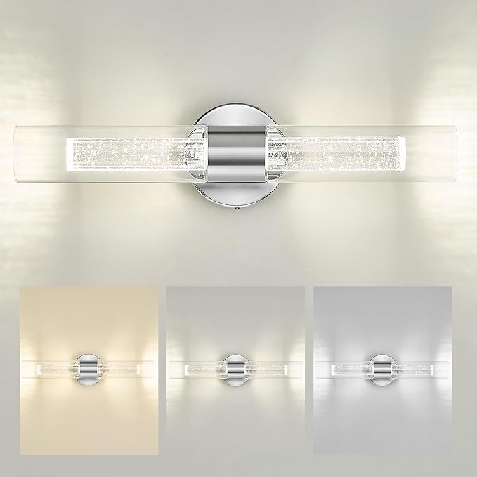 kudos Brushed Nickel Bathroom Sconces Wall Lighting, LED Bathroom Vanity Light Fixtures with Crystal Bubble and Clear Glass, 3000K/4500K/6000K Adjustable, KDVL05-BN-2