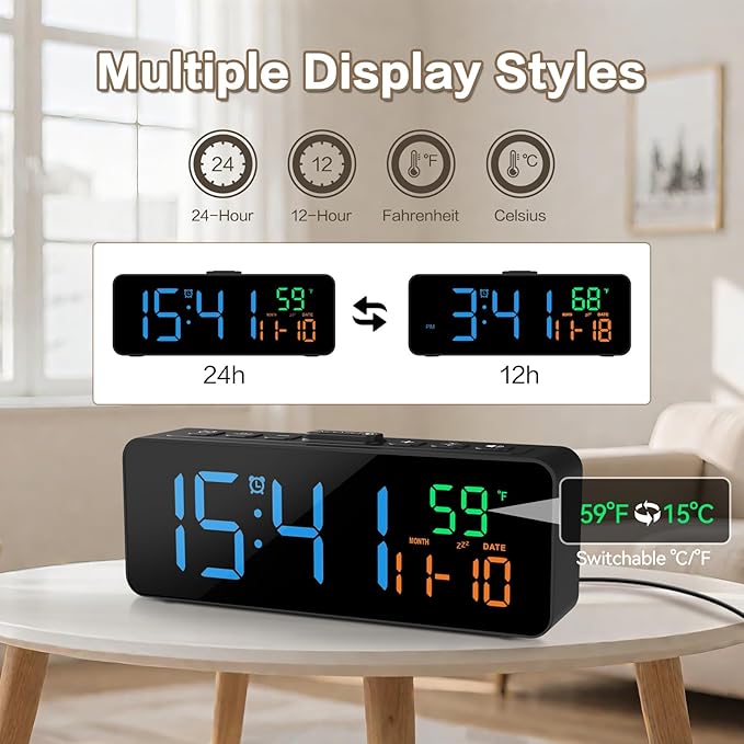Netzu 3-in-1 Digital Clocks for Living Room with Temperature, Date & Time Display - 4 Levels Birghtness, 3 Volumes, Small & Compact Plug-in Alarm Clock for Bedroom, Office (Blue)