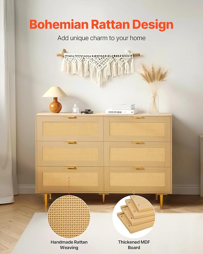 VEVOR Rattan Dresser 6 Drawer, 47.2'' Wide Boho Wood Dresser, Double Dresser Chest of Drawers with Golden Handles and Legs, TV Stand Dresser for Bedroom, Living Room, Entryway, Hallway, Natural Oak