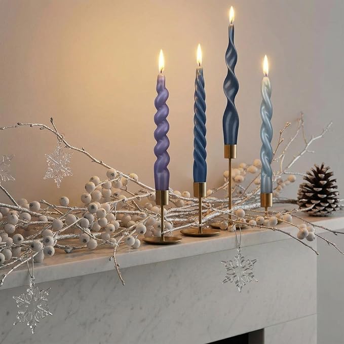 Nuanchu 4 Pcs 7.87 Inch Twisted Taper Candles Wax Unscented Smokeless Spiral Swirl Candlesticks for Wedding Holiday Dinner Party Home Decorations(Blue,Pure)