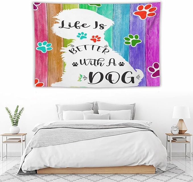VUMIVI Cute Dog Tapestry Rainbow Color Planks Rustic Farmhouse Home Decor Pet Paws Tapestry Wall Hanging for Living Room Bedroom Dorm Classroom Aesthetic Decor W60xL40in