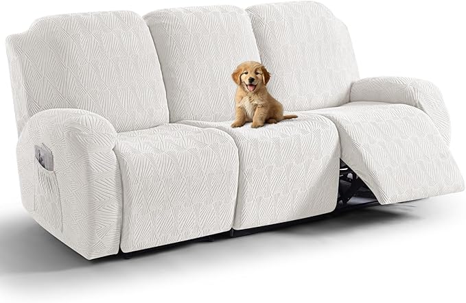 VANSOFY Recliner Couch Cover, 8-Pieces Stretch Recliner Sofa Cover Soft Jacquard Reclining Slipcover Furniture Protector with Elastic Bottom for Kid, Pets(3 Seat,Porcelain White)