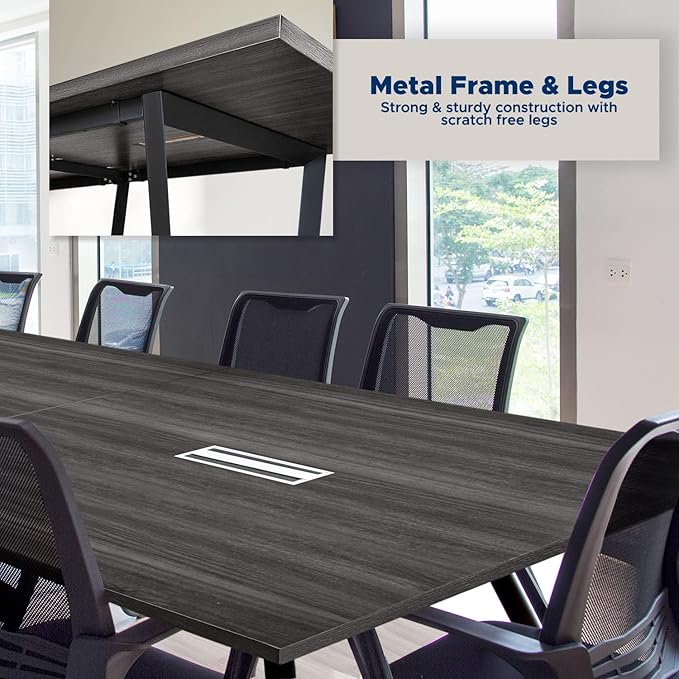 Sturdy Conference Table with Cable Management Grommets Modern Rectangle Office Meeting Table with Wood Tabletop and Metal Frame & Legs- Easy Assembly Boardroom Table (Grey, 8 Foot)