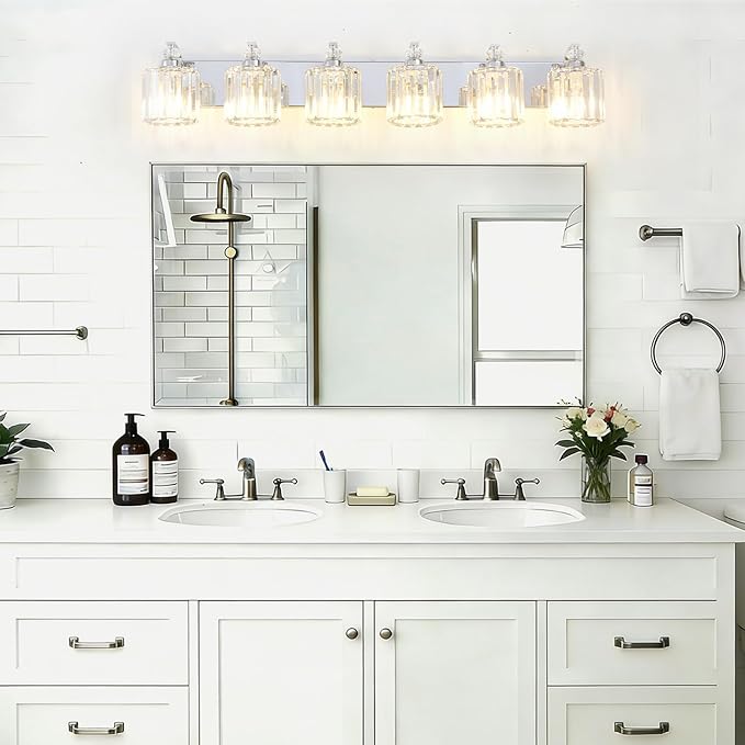 6-Light Modern Bathroom Light Fixture Chrome Vanity Lights Over Mirror Wall Sconce Lighting with K9 Crystal Shades Bathroom Wall Lamp E26 Base for Bedroom, Living Room, Hallway