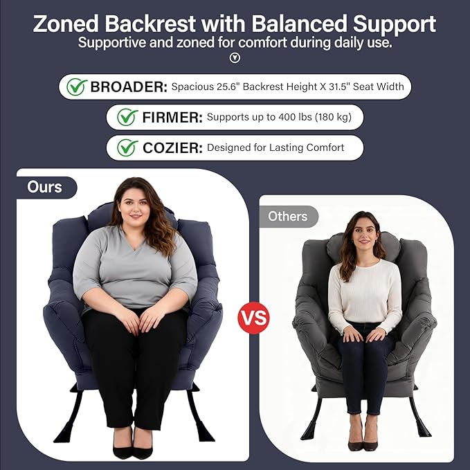 Lazy Chair with Ottoman, Modern Accent Chair with Lumbar Pillow, Navy Blue Sofa, Lounge Chairs with Folding Footrest, Oversized Supportive Chairs for Bedroom, Reading