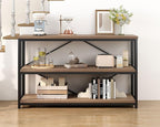 IBF 3 Tier Bookshelf Storage Organizer, Industrial Short Wide Open Horizontal Bookcase, Farmhouse Low Wood Metal Book Shelf for Office, Modern Vintage Etagere in Bedroom Living Room, Rustic Oak, 47 In