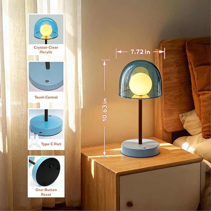 Nordic Bedside Lamp, LED Rechargeable Small Table Lamp with 3CCT & Stepless Dimming, Battery Powered Small Table Light for Bedroom Desk and Decor (Sky Blue)