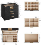 SONGMICS GISELLA Collection - Jewelry Box Organizer, 4-Layer Jewelry Storage with 3 Drawers, Shiny Metal Hardware, Glass Lid, Modern, 6 x 9.9 x 8.5 Inches, Ink Black and Gold Color UJBC161B02
