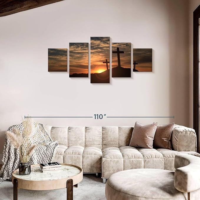 Elephant Stock Cross Silhouettes Wall Art Multi Piece Canvas - 5 Panel Christian Pictures Decor - Digital Design Canvas Print - Christian Wall Decor - 74" X 34"