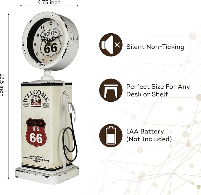 Lily's Home Old Fashioned Route 66 Gas Pump Mantle Clock, Silent-Non-Ticking with Quartz Movement, Makes an Ideal Gift for Antique Sign Collectors, White (13 1/2" x 4 3/4")