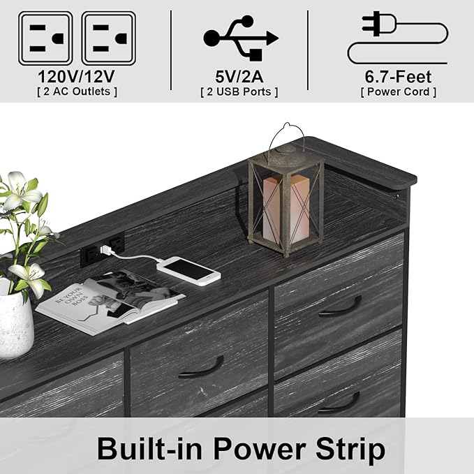 EXOTICA Black Dresser with Charging Station 9 Drawers Dresser with LED Light and USB Ports Fabric Dressers for Bedroom Hallway Entryway Closets Sturdy Steel Frame Wood Top