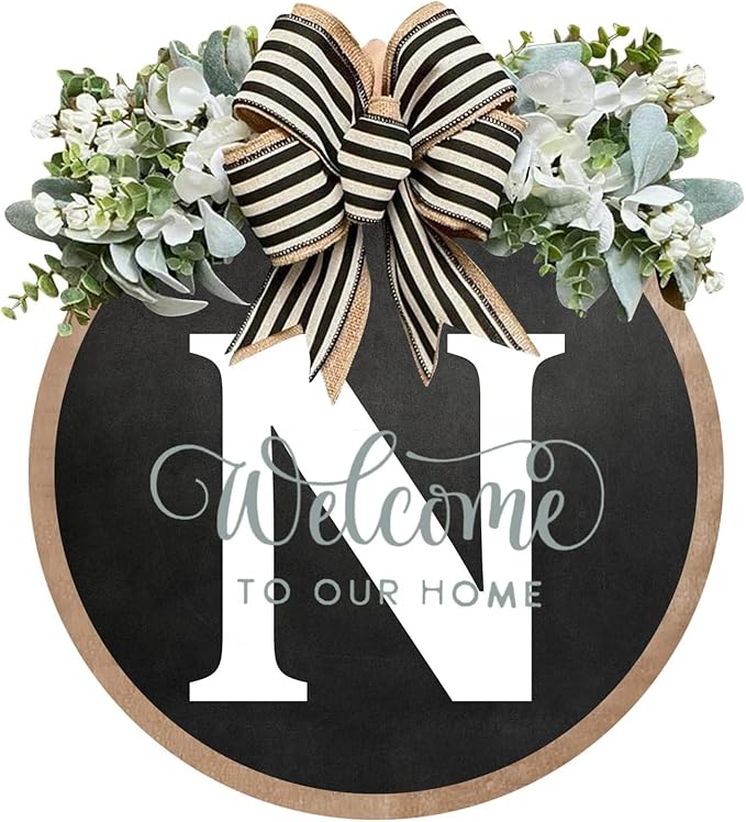 Circular Surname Front Door Welcome Sign - 26 Letter House Wreath, Front Porch Decorations, Year-Round Home Decor (N)