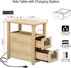 Farmhouse XXL End Table with Charging Station, Narrow Side Table with USB Ports and Outlets, Nightstand with 2 Drawers Storage, Bedside Tables for Living Room, Bedroom, Wooden Color