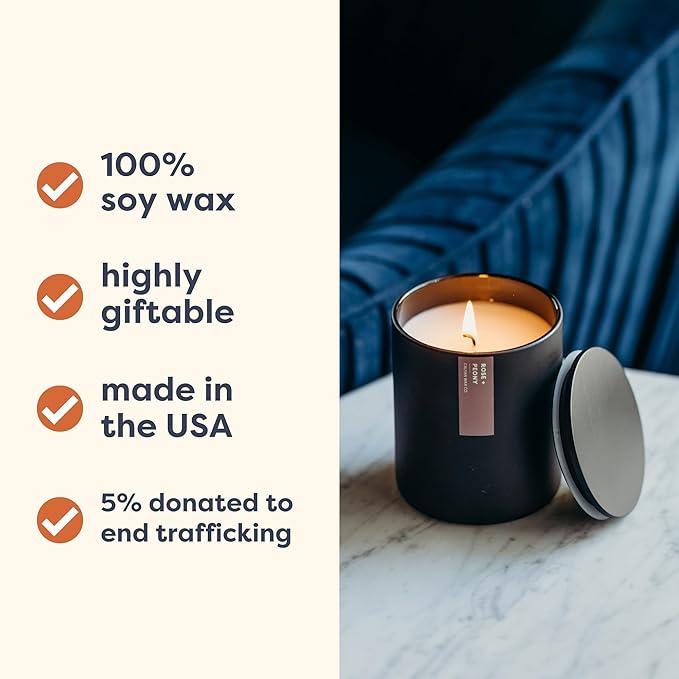 Calyan Wax Co. Rose & Peony Scented Candle - 75 Hour Burn - Luxury Non Toxic Soy Wax Candles - Long Lasting Black Tumbler Jar Candle for Home - 10.2oz