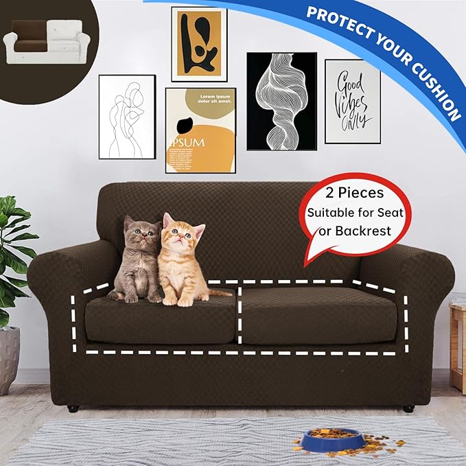YEMYHOM Stretch Individual Cushion Covers Large Sofa Seat Cushion Slipcovers Soft Couch Cover Replacement Large Checkered Furniture Protector with Elastic Bottom (2 Pcs XL Cushion Covers, Dark Coffee)