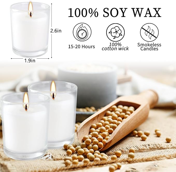 20 Pack Warm White Unscented Clear Glass Filled Votive Candles. Hand Poured Wax Candle Ideal Gifts for Aromatherapy Spa Weddings Birthdays Holidays Party (Warm White)
