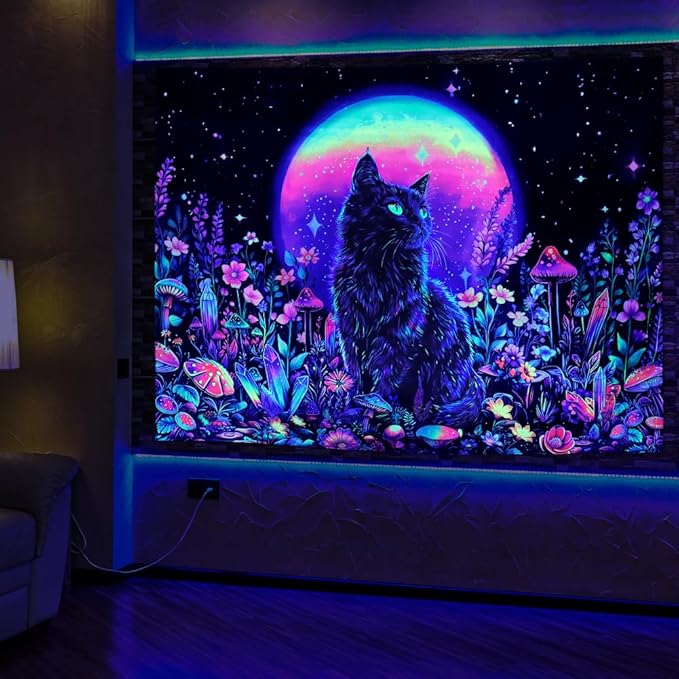 Dermijer Blacklight Black Cat Tapestry UV Reactive Moon Stars Floral Wall Hanging Tapestry Moonlit Garden Home Decor for Bedroom Living Room Dorm 59.1L x 51.2W