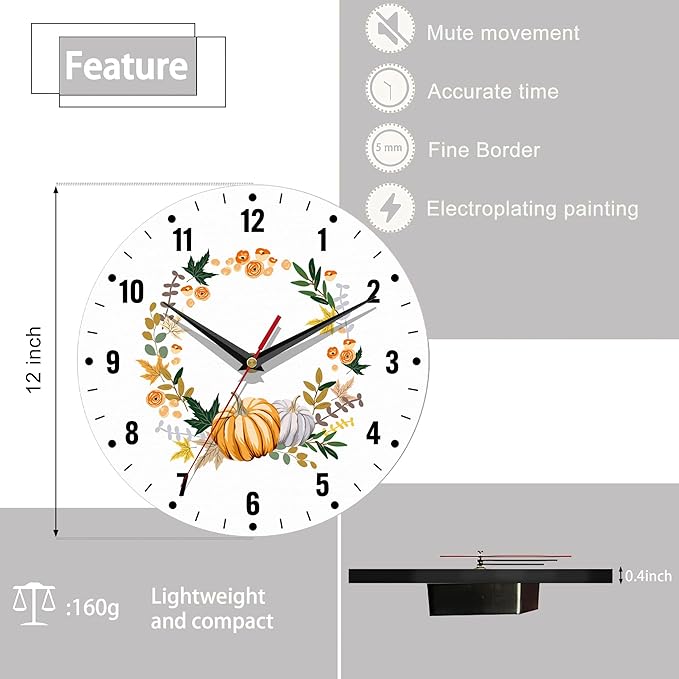 SPUNKER Thanksgiving Day Wall Clock,Autumn Pumpkin Kitchen Wall Clock,Maple Leaves Flower Clocks 10 Inch Silent Non-Ticking Wall Battery Operated for Living Room Bedroom Bathroom Laundry Room Decor