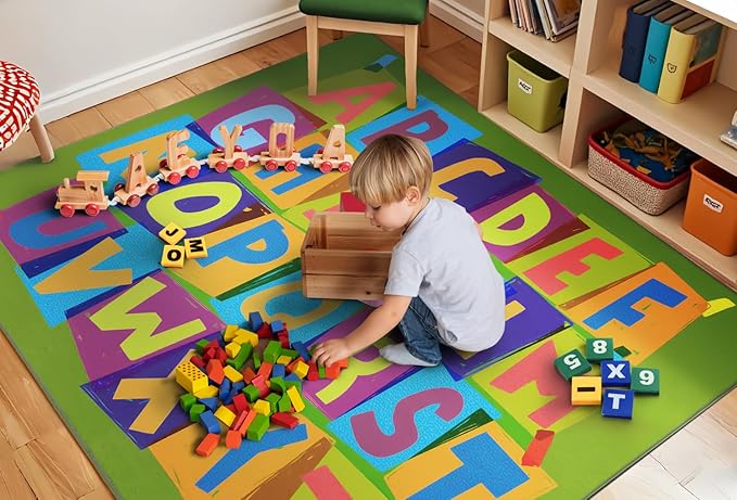 Booooom Jackson Classroom Rug Elementary 6’7'’ x 9', ABC Classroom Carpet Green Preshool Rugs for School, Classroom Area Rug Educational Carpet with Alphabet Non-Slip Backing,