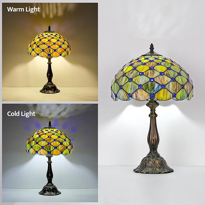 Tiffany Lamp Gradient Green Stained Glass Table Lamp Desk Bedside Reading Light Decor Bedroom Living Room Home Office D12*H18 Inches