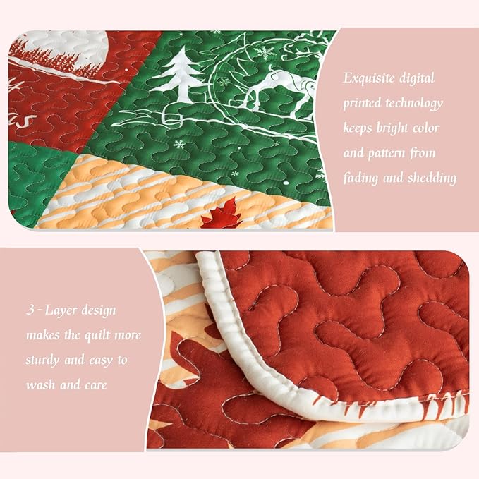 Whale Flotilla Patchwork Quilts Queen Size, Soft Boho Christmas Bedspreads for Bed Reversible Lightweight Full Queen Quilt Bedding Set Coverlets with 2 Pillow Shams for All Seasons, Happy Christmas