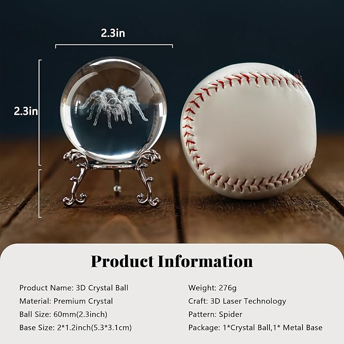 HDCRYSTALGIFTS 60mm 3D Spider Crystal Ball Halloween Decor with Stand 3D Laser Engraved Tarantula Animal Figurine Prop Decorative Glass Full Sphere Table Paperweight