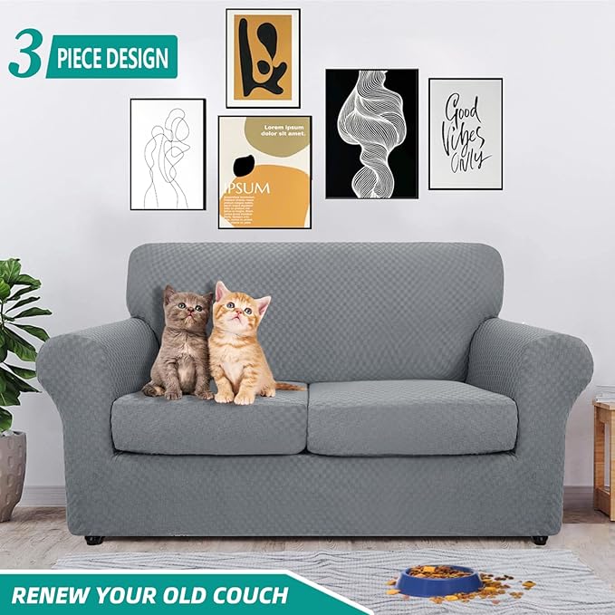 YEMYHOM Latest Checkered 3 Pieces Couch Covers for 2 Cushion Couch High Stretch Thickened Love Seat Sofa Cover for Dogs Pets Elastic Loveseat Slipcover Protector (Light Gray), 55"-69"(2 Cushions)
