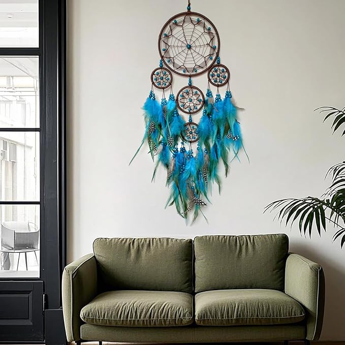 Large Dream Catcher Wall Decor Blue Dream Catchers with Wooden Bead Handmade Feather Dreamcatcher Wall Hanging Ornament for Bedroom Living Room Home Decor
