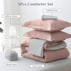 JOLLYVOGUE Twin Comforter Set, Ultra-Soft Bed in a Bag Twin Size 5 Pieces, Oeko-TEX Certified Bedding Set with Down Alternative Comforter, Sheets, Pillowcases & Shams, Pink & Light Grey