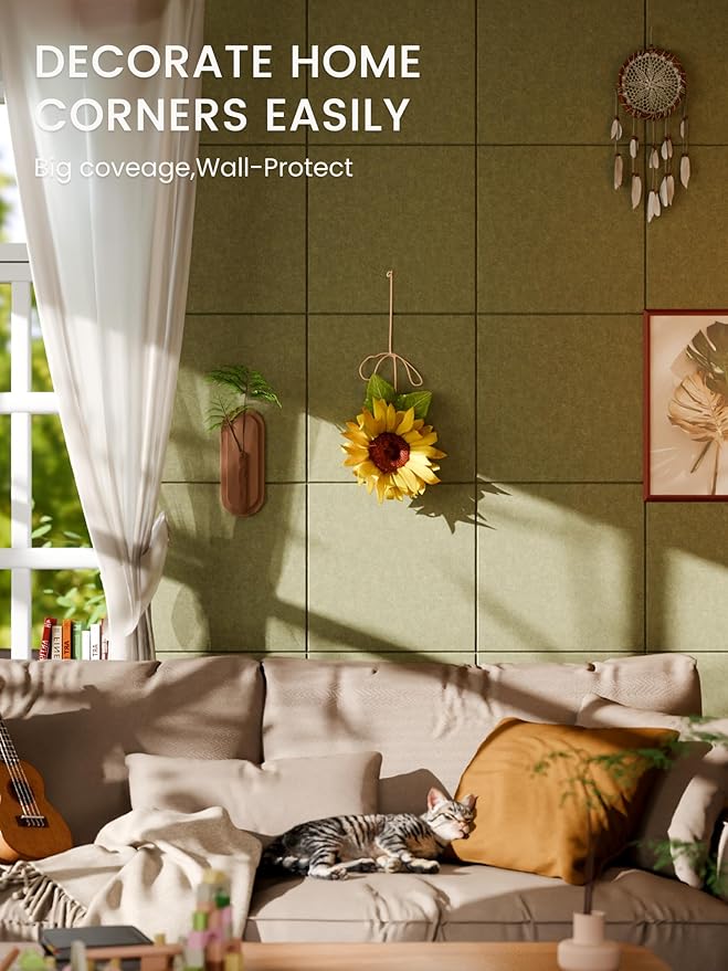 Bumusty Large Cork Board 36" x 24" Alternative - 6 Pack Felt Wall Tiles with 40 Safe Removable Adhesive Tabs, 30 Pushpins, Cork Boards for Walls Pin Board Bulletin Board Office Decor (Olive Green)