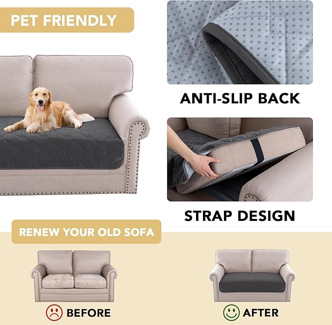 H.VERSAILTEX Couch Cover Chenille Pet Fuzzy Sofa Covers for 2 Cushion Couch Anti Slip Washable Sofa Slipcovers with Strap Soft Couch Protector Cover for Dogs Cats Kids(36" x 63", Grey)
