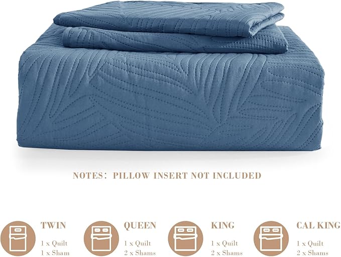 Exclusivo Mezcla King Size Quilt Bedding Set, Lightweight Bluish Grey Quilts King Size for All Seasons, Soft Microfiber Bedspreads Coverlets Bed Cover with Leaf Pattern, 3 Piece