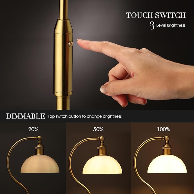 O’Bright Heritage - Banker’s Floor Lamp, 3-Level Touch Dimming, Adjustable Tilt Shade, Removable Lampshade Design, E26 Socket with 6W Dimmable LED Bulb, White Jade Glass Shade, Antique Brass