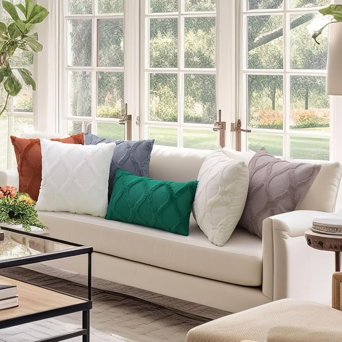 decorUhome Spring Throw Pillow Covers 12x20 Inch Set of 2, Soft Plush Faux Fur Wool Lumbar Green Couch Pillow Covers, Decorative Neutral Pillow Cases for Bed Sofa Living Room Home Decor